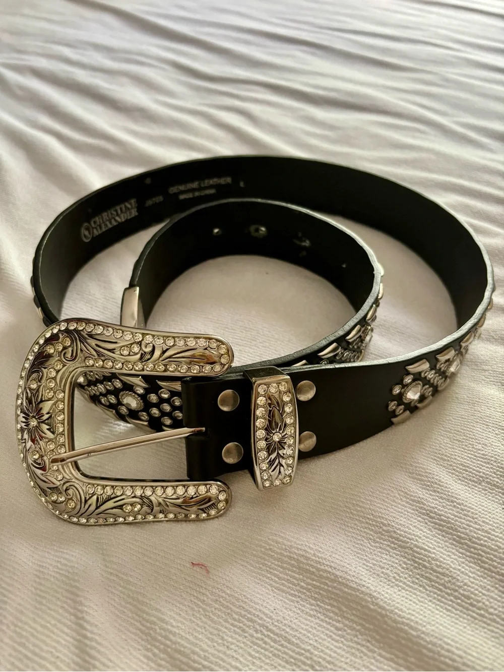 Christine Alexander Black Studded Western Buckle Belt with Crystal Accents